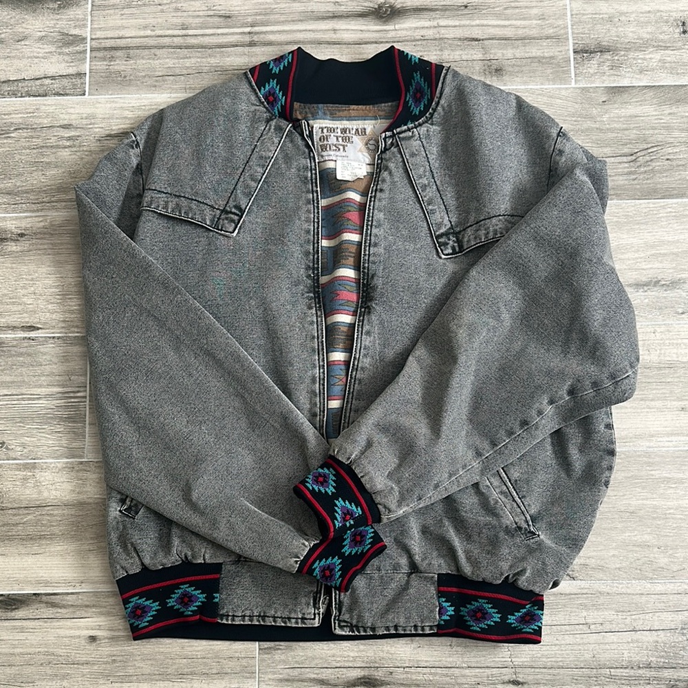 Gray Bomber Jacket With Patterned Trim - image 1